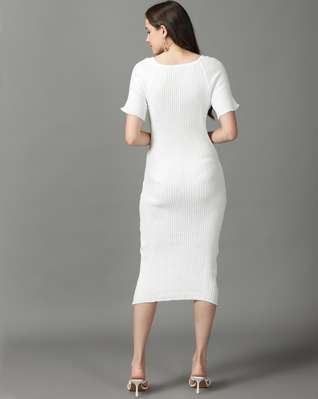 Divide and Contour White Ribbed Cutout Bodycon Midi Dress