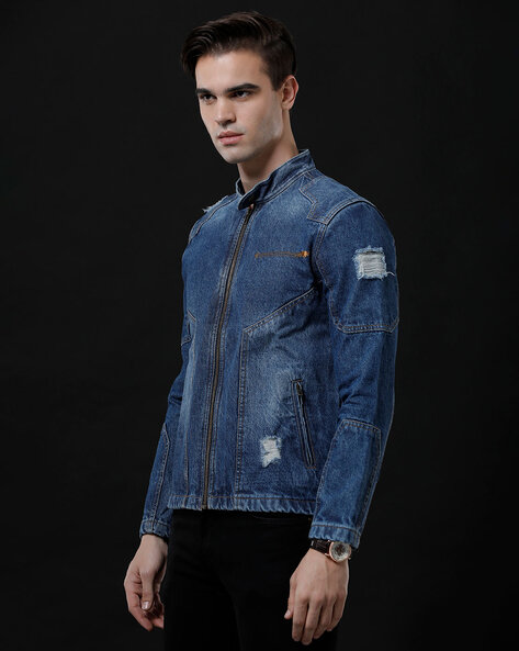 Blue Denim Jacket Mens | Faux Leather Black Sleeves