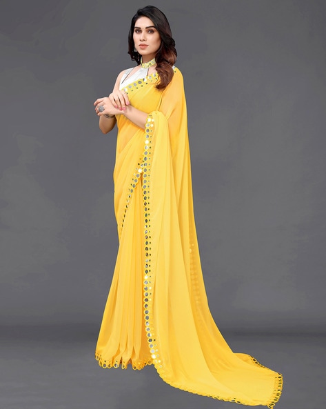 Saree : Yellow heavy georgette pattern work fancy saree