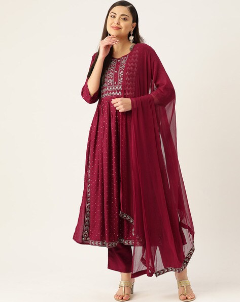Embroidered Straight Kurta with Pants & Dupatta