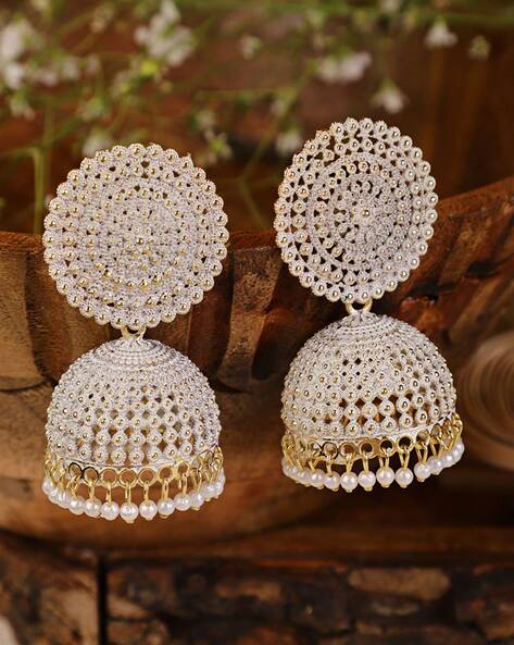 White Finish Faux Diamond Jhumka Earrings Design by Aster at Pernia's Pop  Up Shop 2024