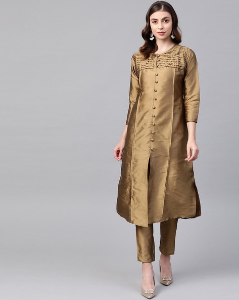 Buy Jaipur Kurti Women Yellow Yoke Design Handloom Straight Kurta with Trousers  Online