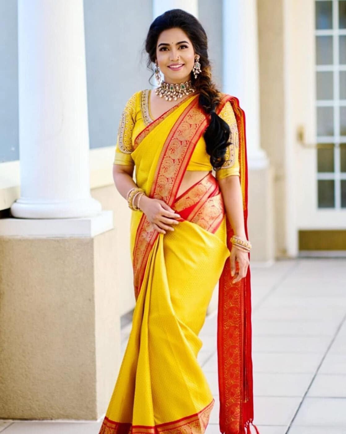 Buy Yellow Georgette Pre-draped Saree With Unstitched Blouse Fabric For  Women by Nikasha Online at Aza Fashions.