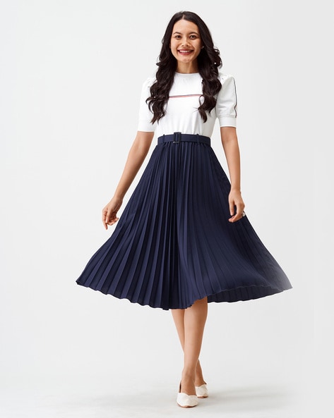 Dark blue best sale and white dress