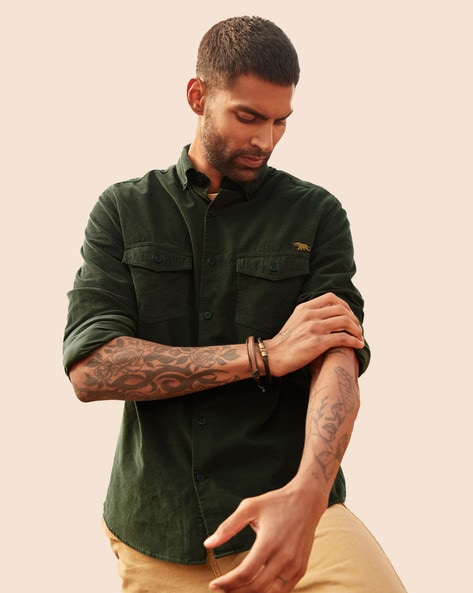 Capani Green Slim Fit Long Sleeve Double Pocket Cotton Shirt freeshipping -  BOJONI | Fitted denim shirt, Long sleeve shirt men, Cotton long sleeve shirt