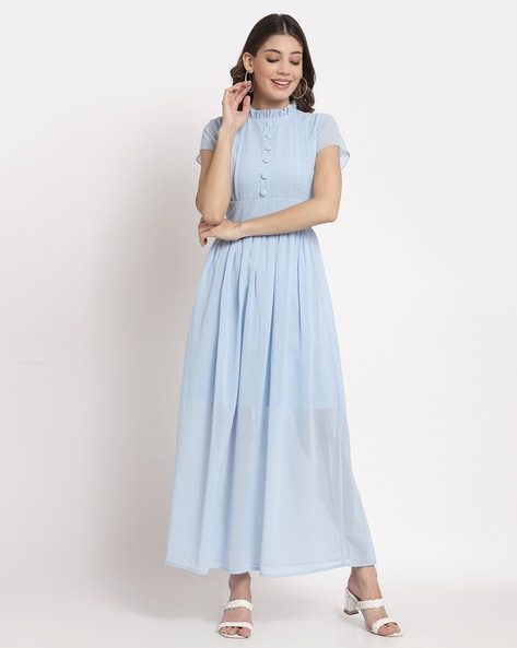 Janasya Women's Light Blue Denim Solid Flared Western Dress, Frock at Rs  1329/piece in Surat