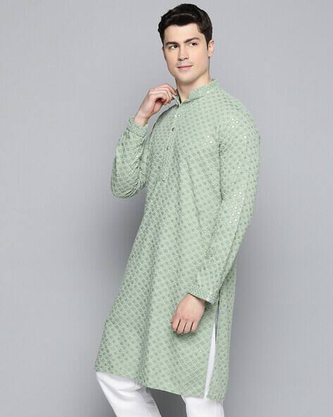 Embroidered Long Kurta with Mandarin Collar