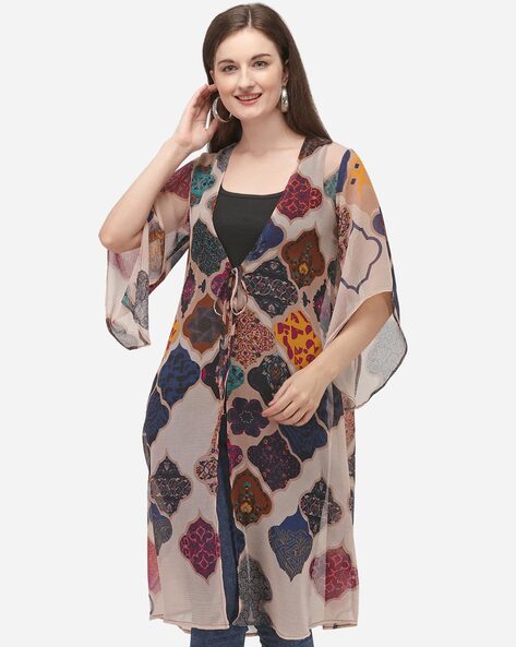 Navy Blue Rayon Gold Foil Printed Party Wear Kurti With Women Shrug -4545155414