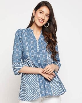 weavllite Floral Print Tunic with Band Collar-picture-13