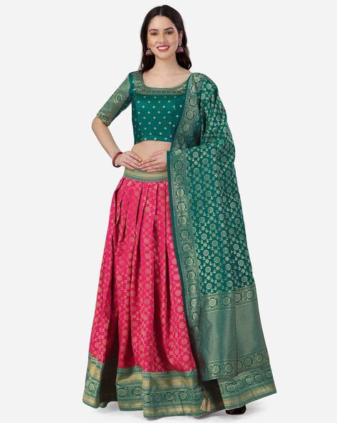 1001376 Mehendi Green Silk Brocade Lehenga With Pink Silk Dupatta And Crop  Top Style Blouse