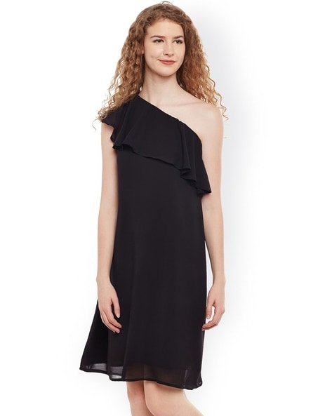 Black one outlet shoulder frill dress