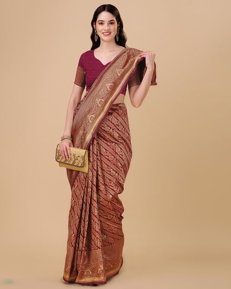 Buy Maroon Blouse Viscose Dupion Print And Pre-pleated Saree With For Women  by Shilpi Gupta Online at Aza Fashions.