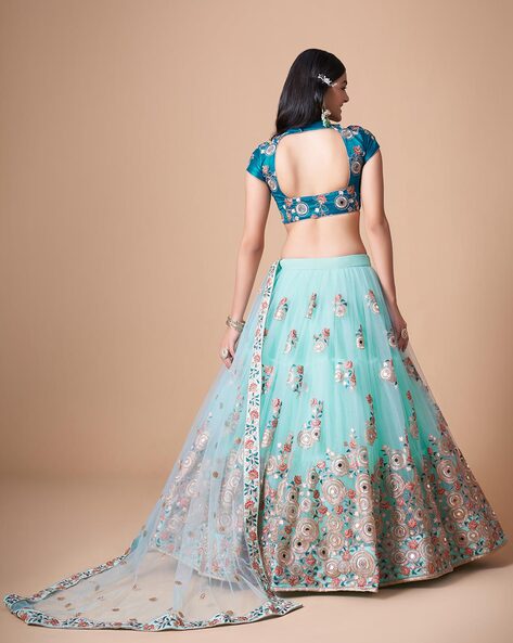 Light Blue Color Sequined Work Georgette Material Flared Lehenga