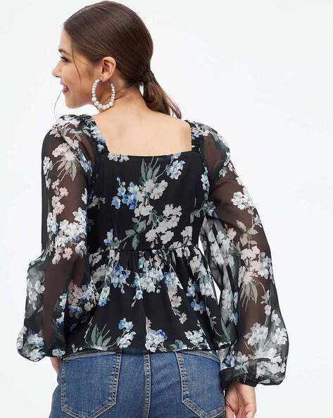 Buy Harpa Black Top With Floral Embroidery - Tops for Women