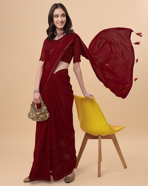 Buy Jevlan Solid/Plain Daily Wear Georgette, Art Silk Maroon Sarees Online  @ Best Price In India | Flipkart.com