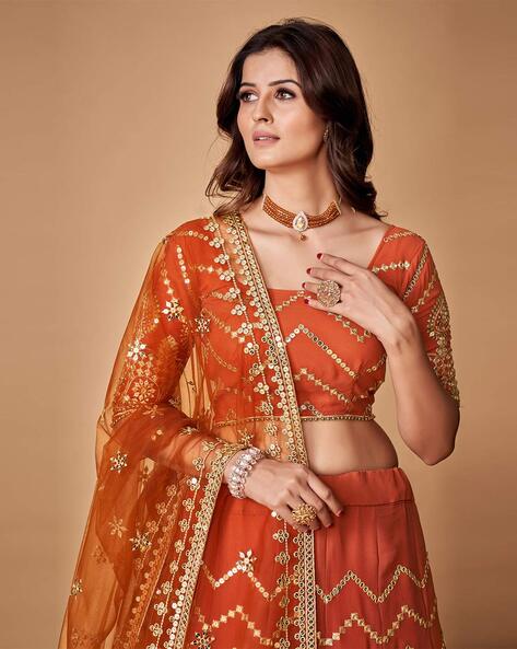 Orange Satin Lehenga And Choli With Printed Designs 2545LG05