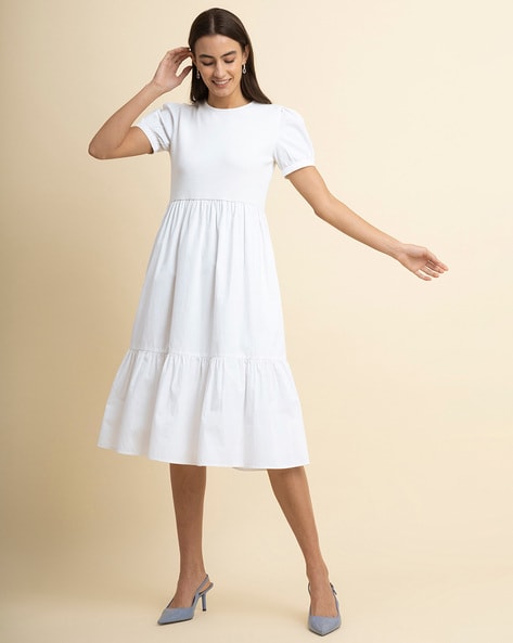 Tiered Dress - Buy White Round Neck Dress Online