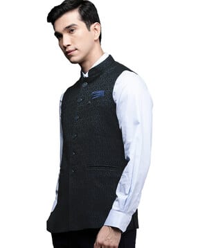 manyavar Textured Nehru Jacket with Welt Pockets-picture-14