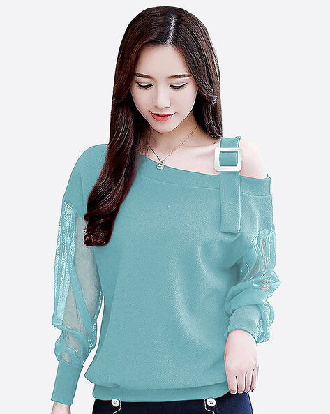 Cuffed-Sleeves Top with A-Symmetric Shoulders