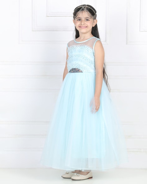 Girls Embellished Sky Blue Gown Dress - Fashion Wear