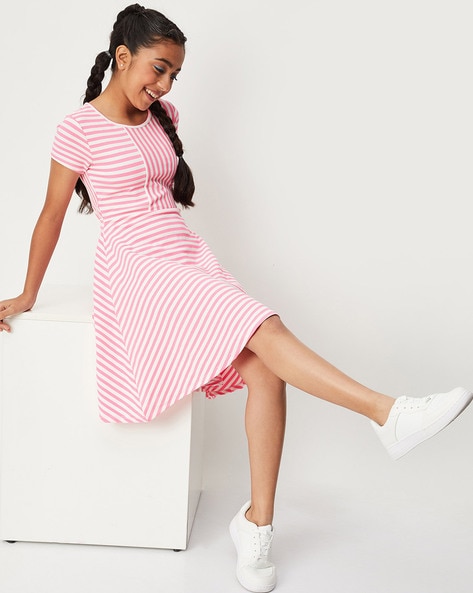 Girls Multicolor Striped Printed Fit And Flare Dress