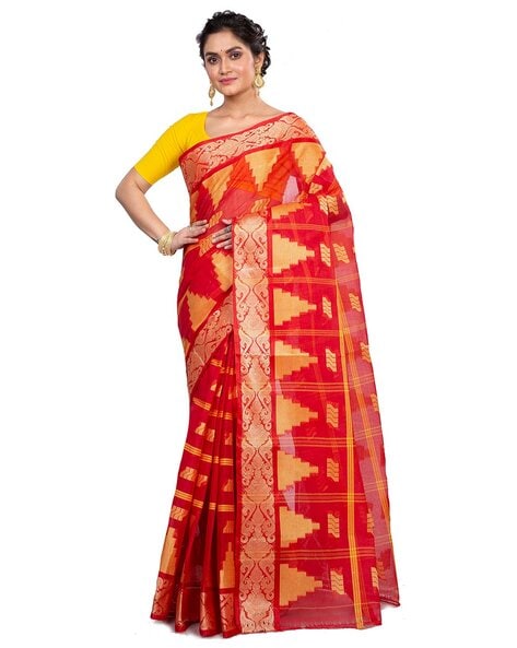 Women's Pure Cotton Traditional Bengali Tant Handloom Cotton Saree With  Blouse Piece (Multicolour)