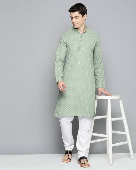 Embroidered Long Kurta with Mandarin Collar