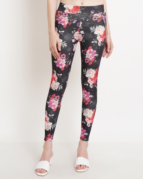 Shop Floral Print Jeggings with Elasticised Waistband Online