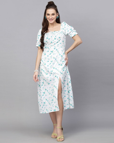 Green & White Floral 3/4 Sleeve Midi Shirt Dress | SilkFred US