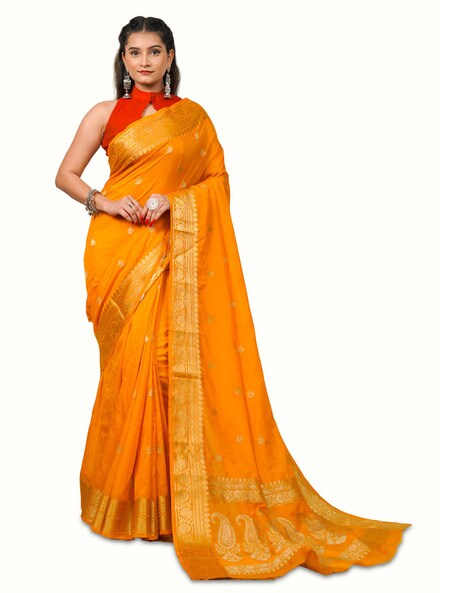 Buy Yellow Printed Semi Crepe Saree - Koskii