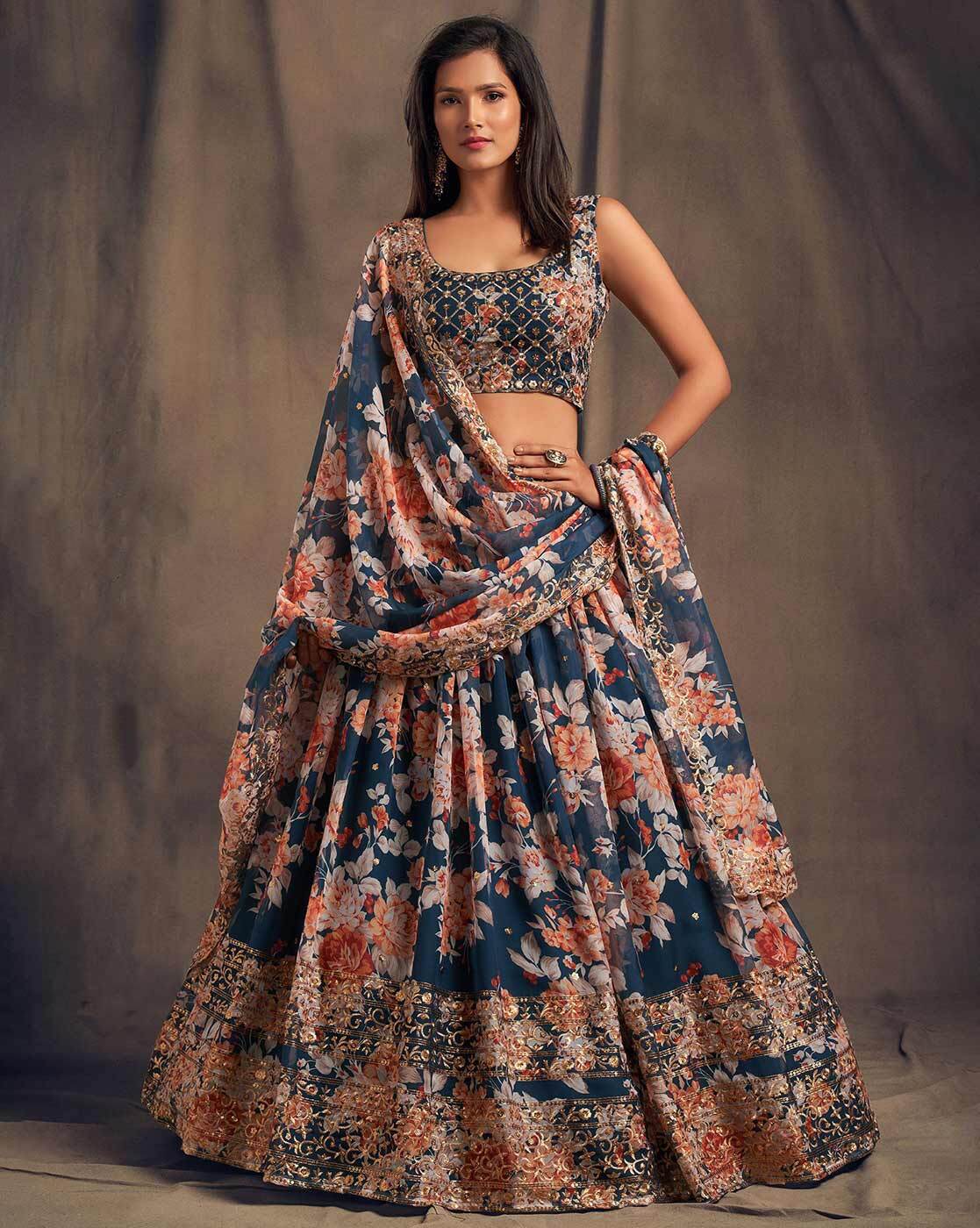 Buy Coral Pink Floral Patterned Lehenga Online in India @Mohey - Lehenga  for Women