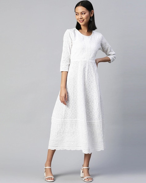 Buy Ishin White Cotton Embroidered A-Line Dress for Women Online @ Tata CLiQ