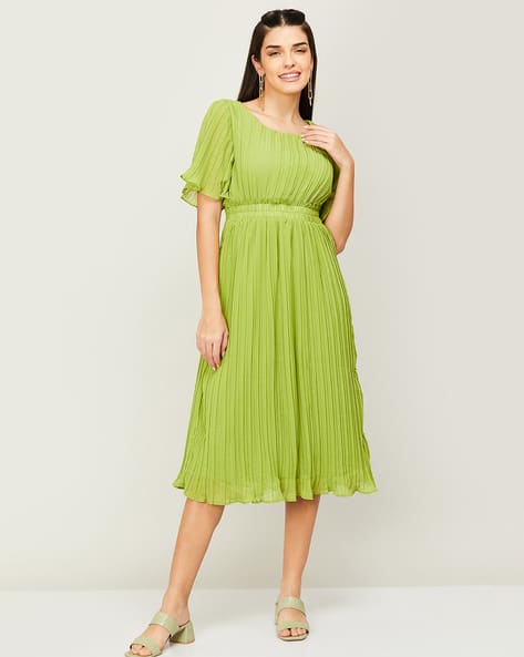 code green dress Crew Neck Mix Media Dress-Promenade Green main image 1