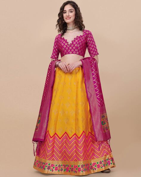 Shop Sequins Embroidered Pink And Yellow Art Silk Lehenga Choli – Gunj  Fashion