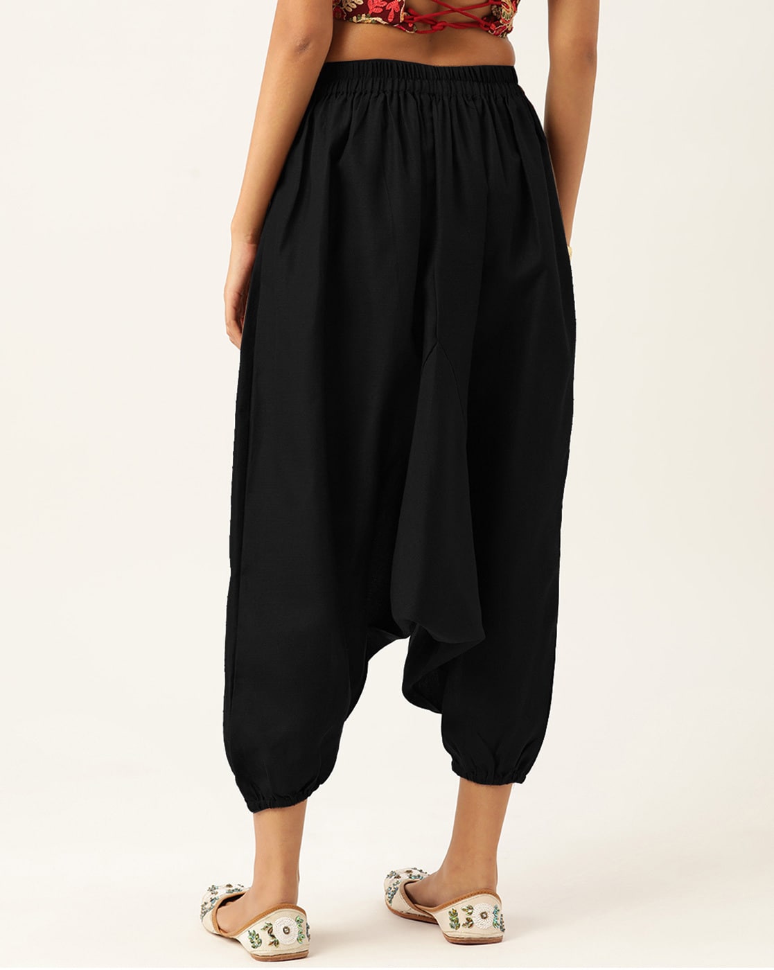 Black Elastic Waist Harem Pants - Saman Butik