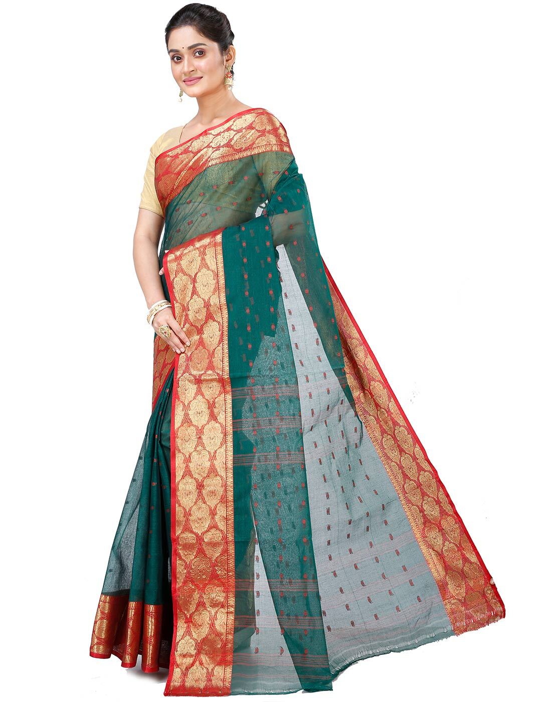 Off White Green Bengal Tant Tussar Silk Saree – Howrah Stores Online