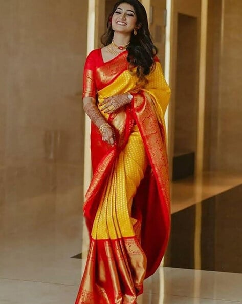 Mango Yellow and Red color soft silk kanchipuram sarees with border less  sarees design -KASS0000162