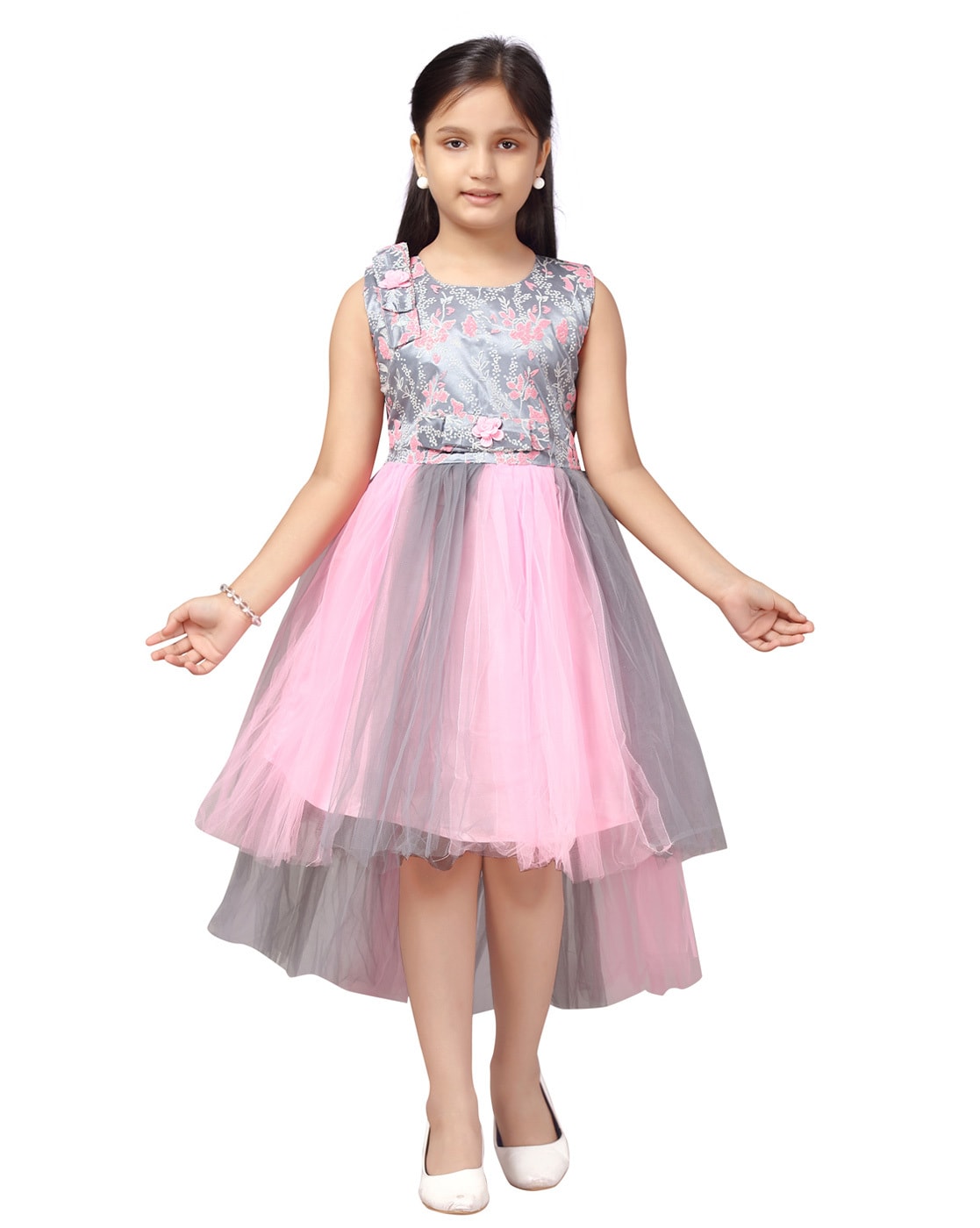 Punarvi  India AuthenticPreLovedSustainable Leafy Net Frock with Bows  model and Heavy Ruffle hands