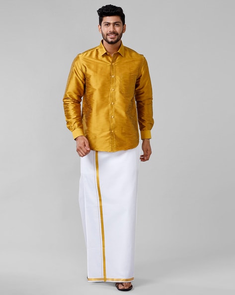 Buy Gold & White Ethnic Suit Sets for Men by Ramraj Cotton Online