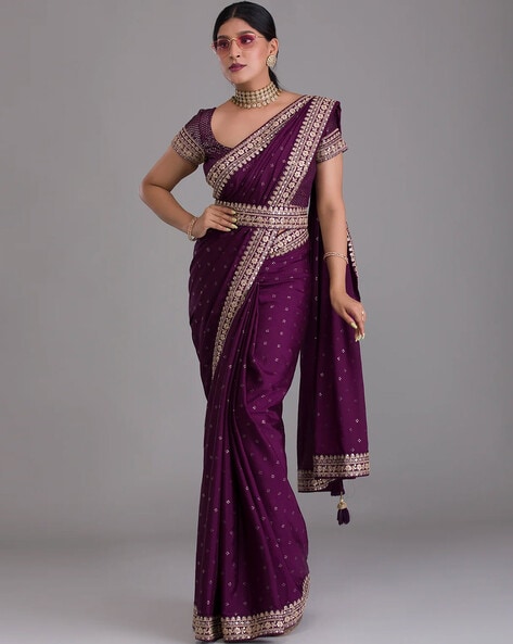 Jamun Fruit Coloured Kanchipuram Silk Saree with Copper Zari Pallu.