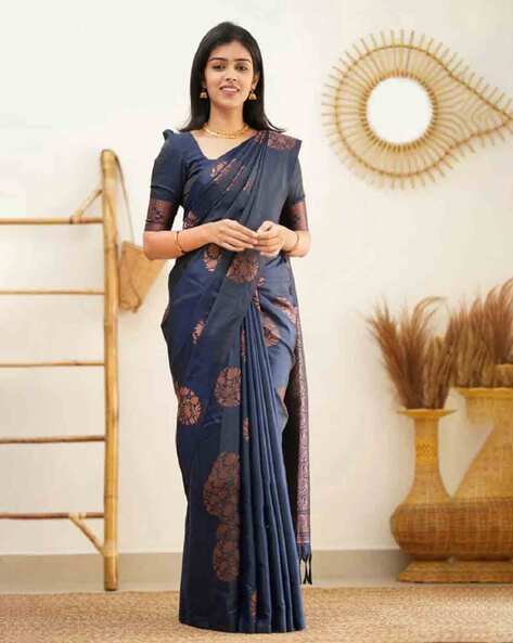 Black-Navy Blue Pure Katan Silk Banarasi Handloom Saree - Tilfi