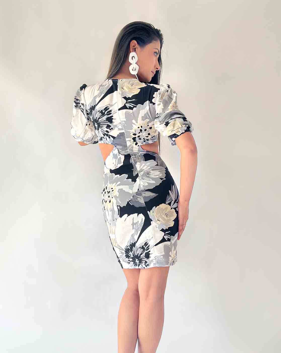 Black Midi Dress - Floral Print Dress - Ruched Mesh Dress - Lulus
