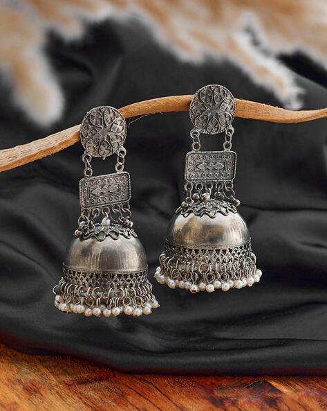 Peacock Designer Traditional Oxidized Silver Afghani Style Big Mirror  Jhumki silver Earrings for Women and Girls