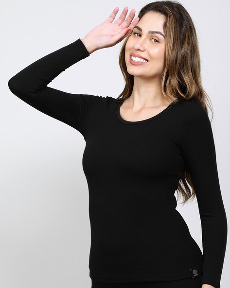 Women's Soft Touch Microfiber Elastane Stretch Fleece Fabric Full Sleeve  Thermal Top with Stay Warm Technology - Black