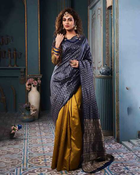 Semanti- navy blue ivory blue classical kanjivaram Jacquard half saree