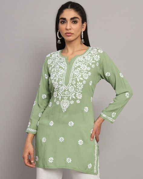 Buy Fashion Chikan Art Women's Chiffon Ombre Dyed Chikankari Straight Kurti  Set with Inner for Wedding, Festive, Casual Ethnic Wear (Small, Castleton  Green) at Amazon.in