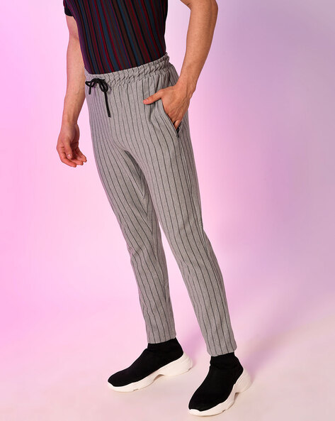 MODAMESTO Men's Navy Blue Striped Slim Fit Fabric Trousers - Trendyol