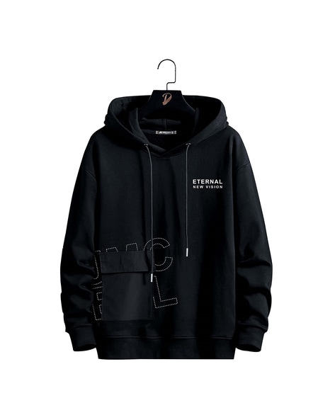 Typographic Print Slim Fit Hooded T-Shirt with Flap Pocket