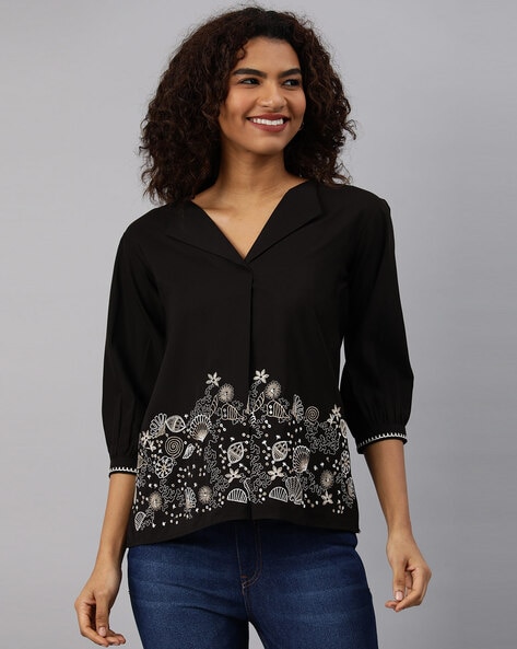 Embroidered V-Neck Top