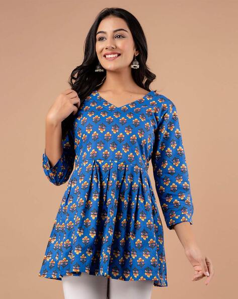 Buy KININA Women's Rayon Stitched Bandhani Print Anarkali Embroidered Yoke  and Band Collar Ethnic Gown Traditional Jaipuri Kurti/Kurta Girls Ethnic Frock  Pattern Dress (S, Blue) at Amazon.in